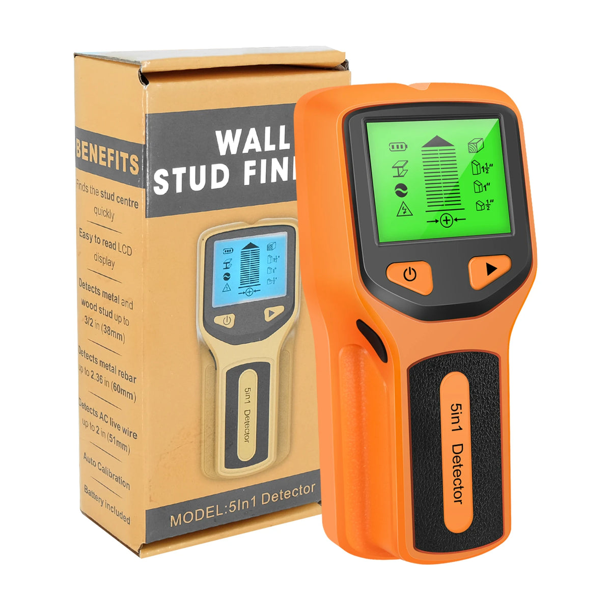 JUANJUAN 5 In 1 Wall Stud Detector &ndash; Backlit Display Orange