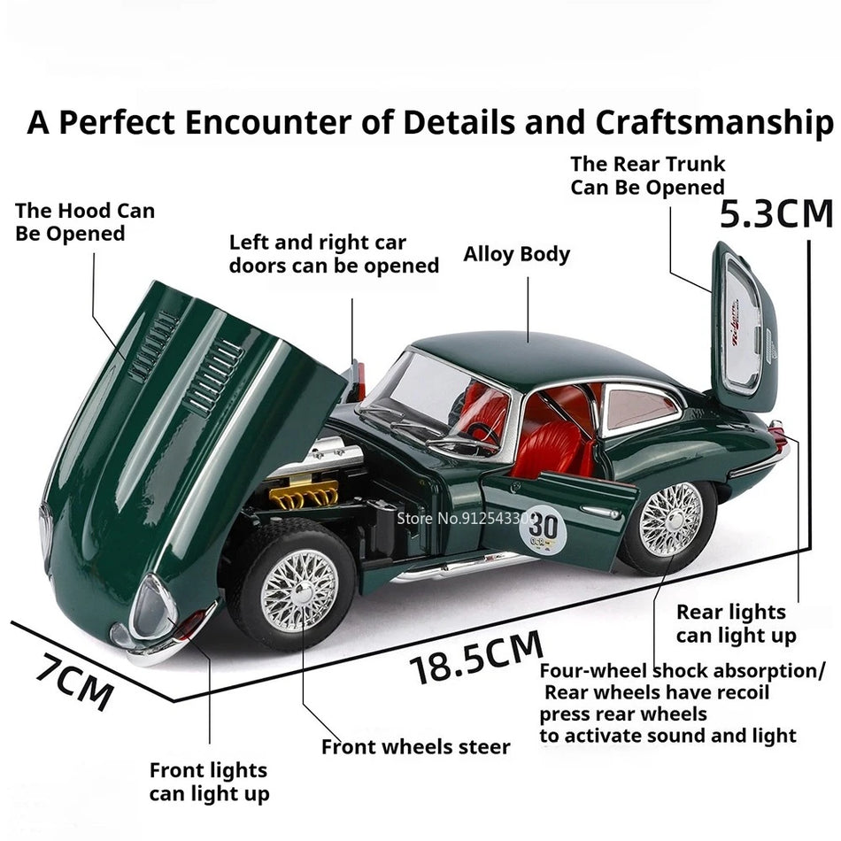 Model de mașină vintage Diecast 1:24 E-Type 300SL cu ușile deschise, lumină și sunet