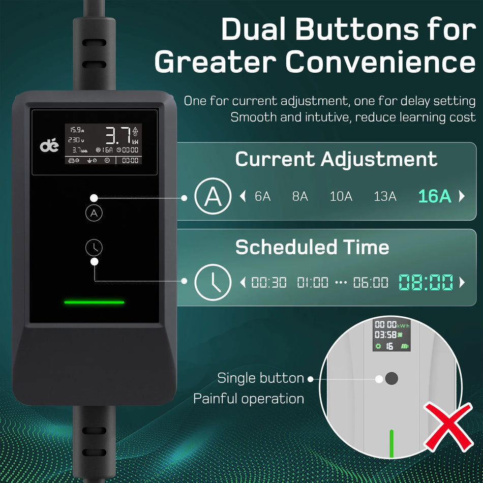 Portable Type 2 EV Charger, 3.7kW, 16A, 1-Phase, LED Screen