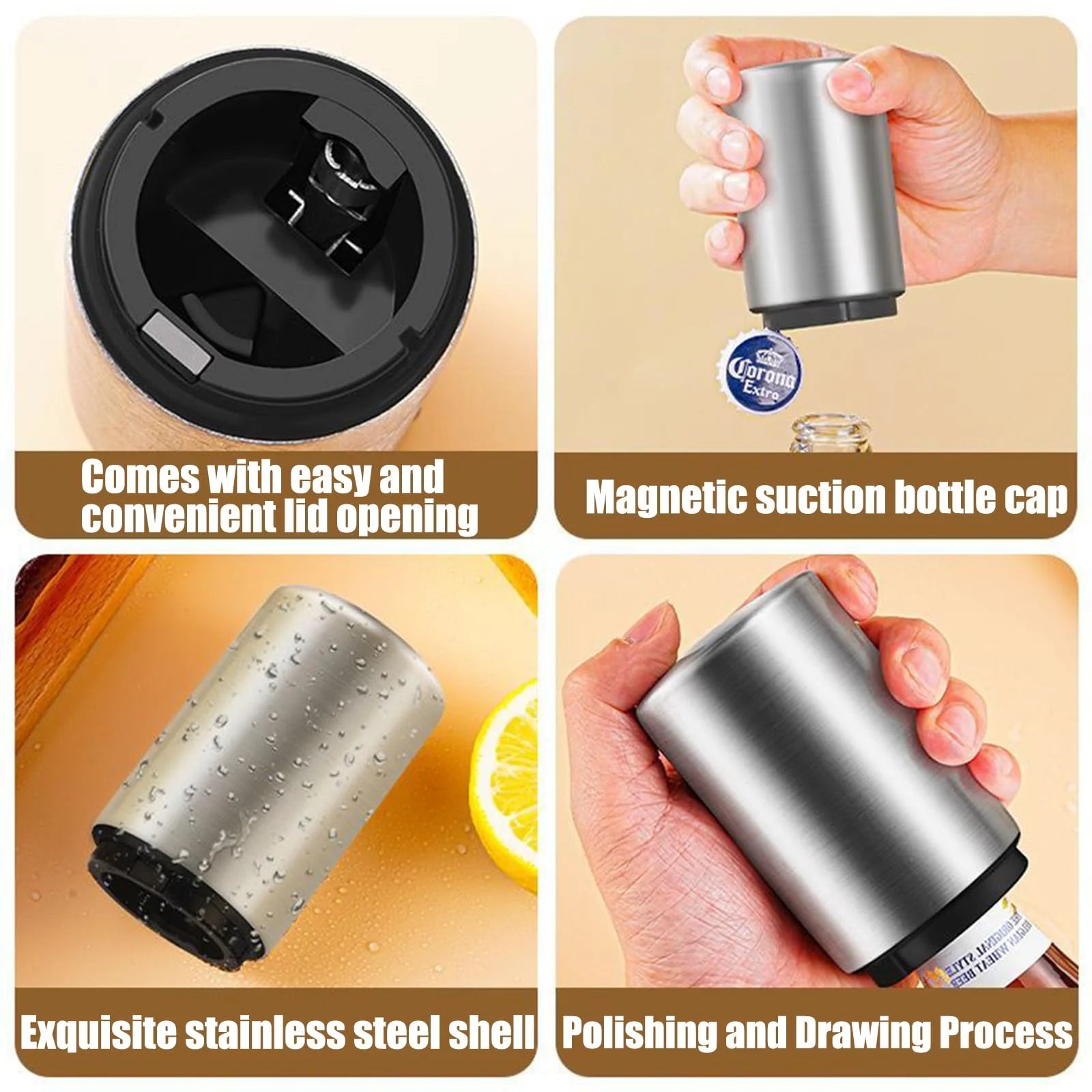 Automatic Beer Bottle Opener | Stainless Steel, Magnet, Push Down