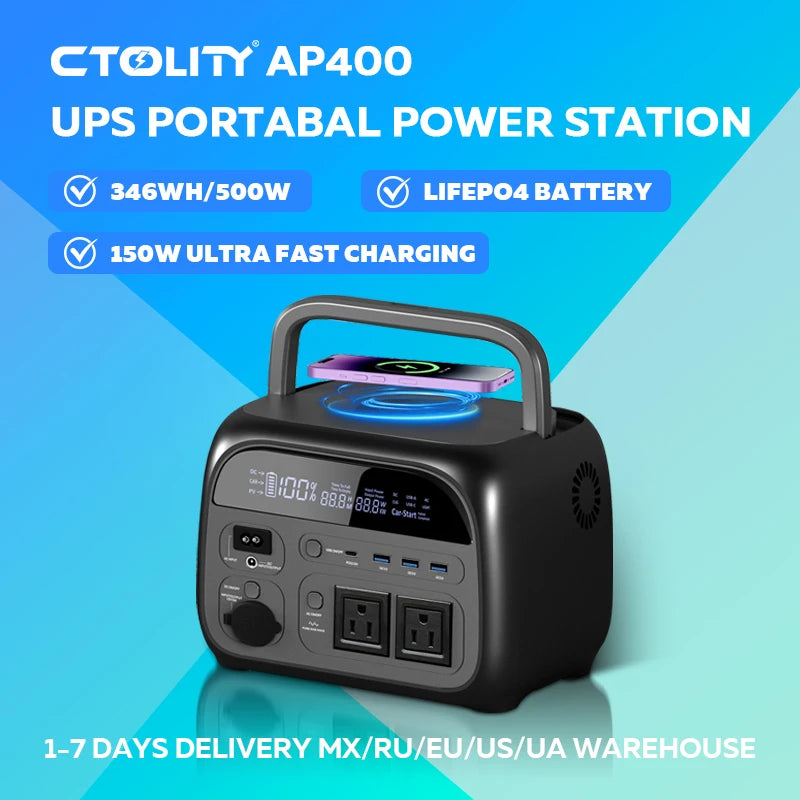 CTOLITY AP400 Solar Generator Portable 346Wh 500W UPS LiFePO4 Battery