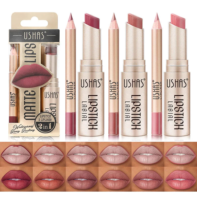 USHAS 12 Color Long-lasting Waterproof Lip Liner &amp; Matte Lipstick Set