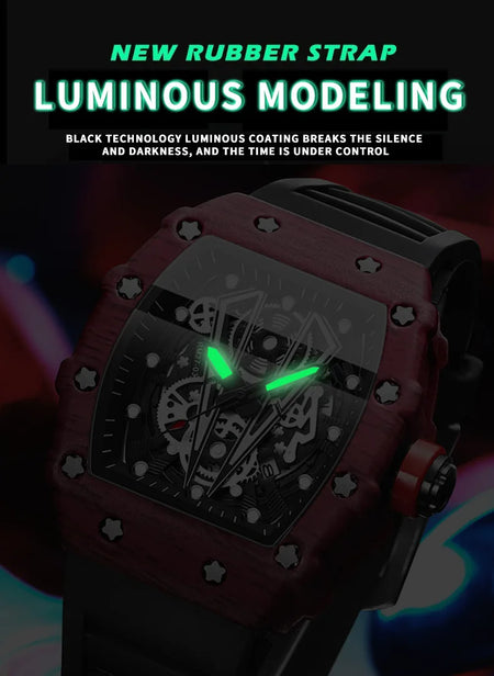 BINBOND Sporty Men's Tonneau Quartz Watch with Hollow Surface and Silicone Strap