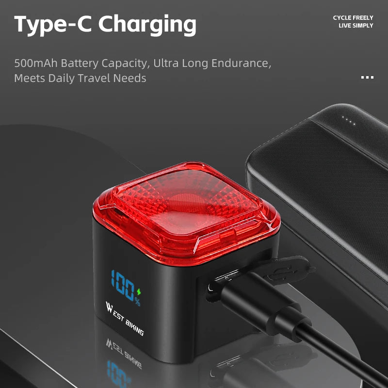 WEST BIKING Smart Brake Sensing Bicycle Taillight with Digital Power Display