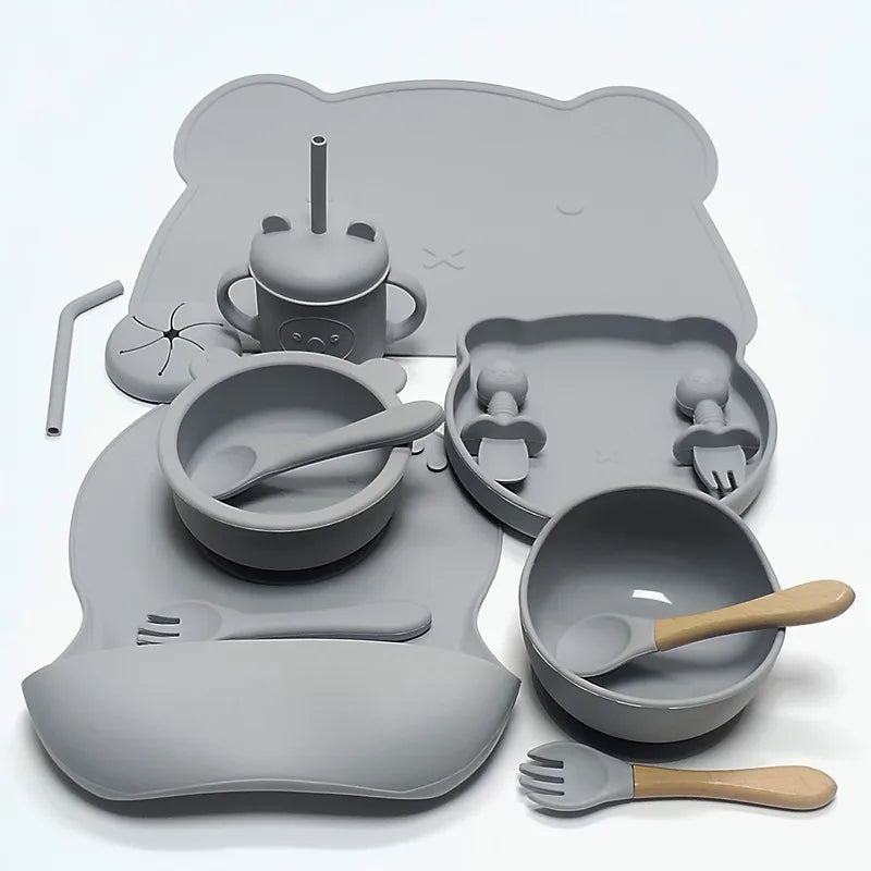 CZSAE 14pcs Silicone Baby Tableware Set &ndash; Drop-Proof and Non-Slip Design silver gray