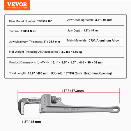 SucceBuy TD0505 24In Aluminum Pipe Wrench &ndash; Ergonomic Handle 18inch / spain