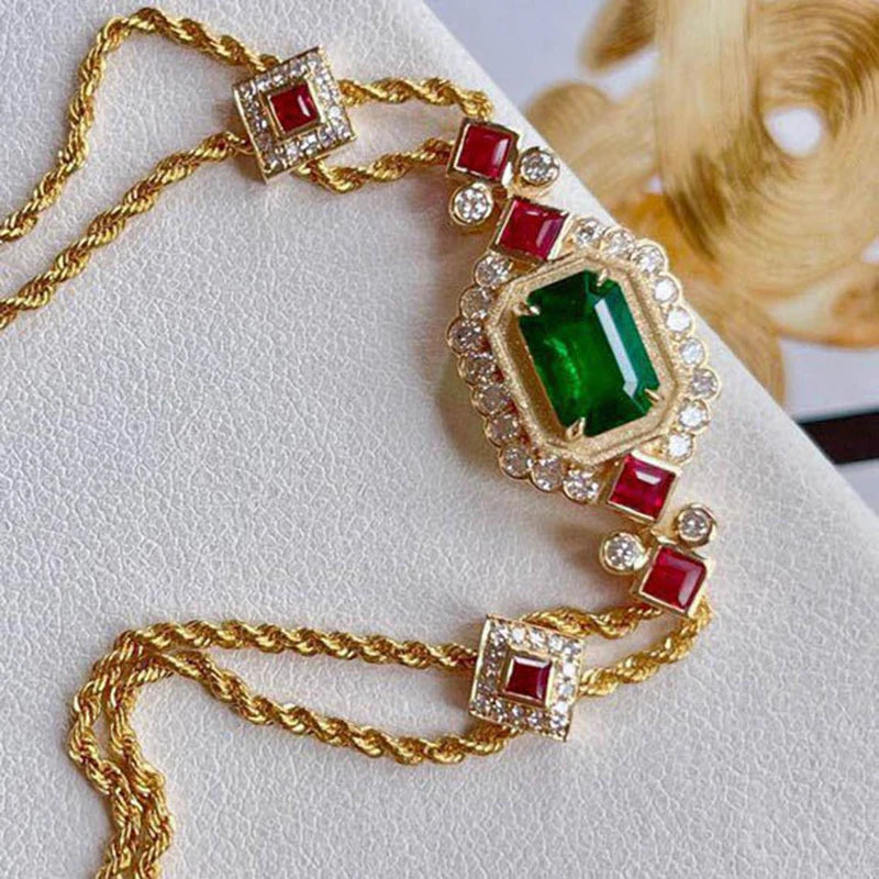 Geometric Synthetic Emerald Gemstone Bracelet for Women Gold Color / 19cm