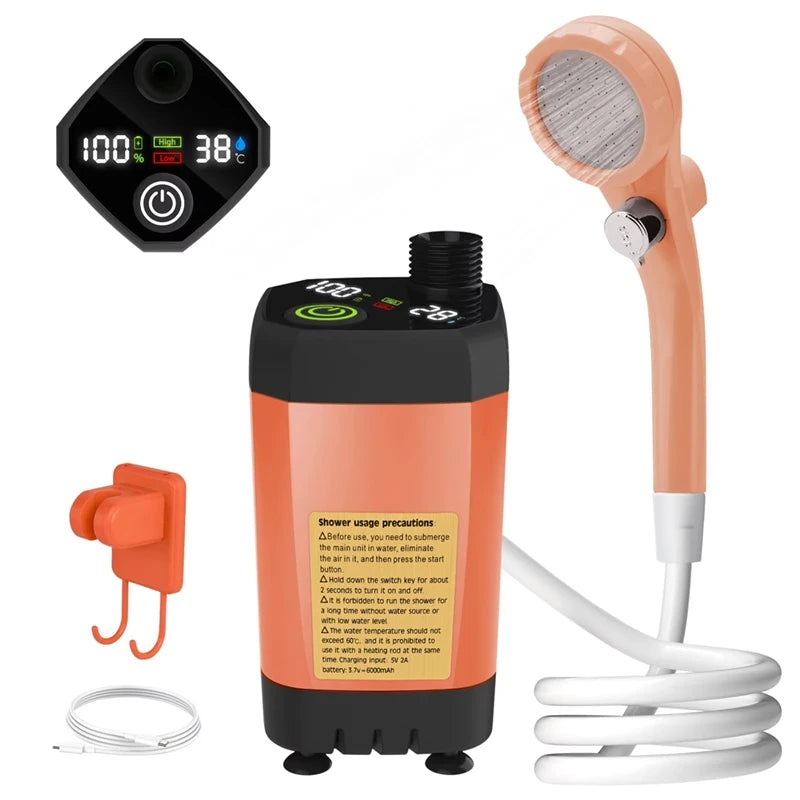6000mAh Portable Camping Shower Pump - Digital Display orange