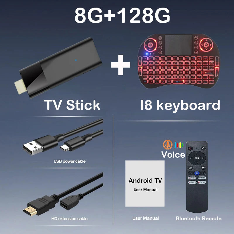 Mini Q12 8K Android TV Stick | Android 14 | Dual WiFi | Voice Remote 8G 128G Voice I8