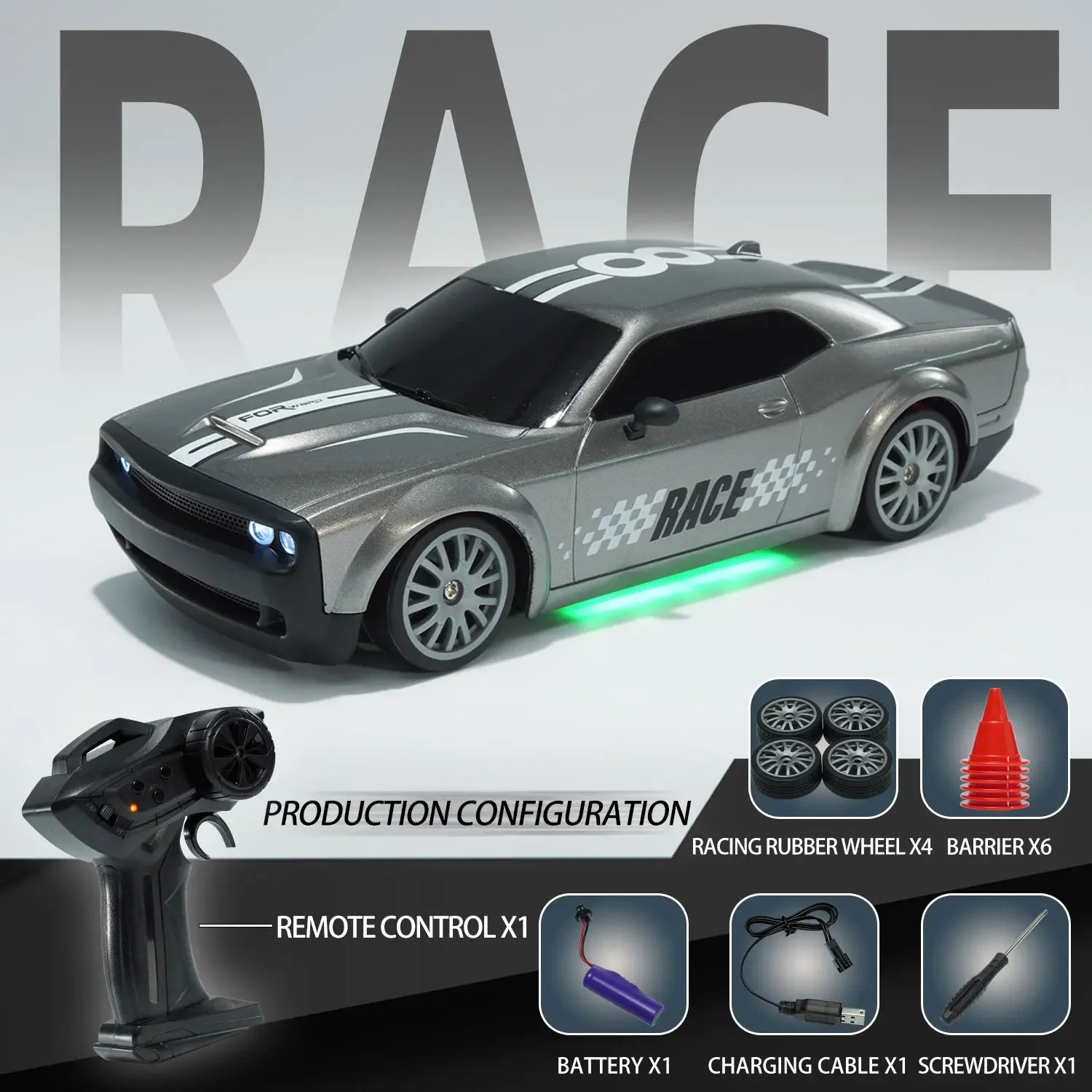 High-Speed 1:20 4WD RC Racing Car - 20Km/h Remote Control Drift Car gray