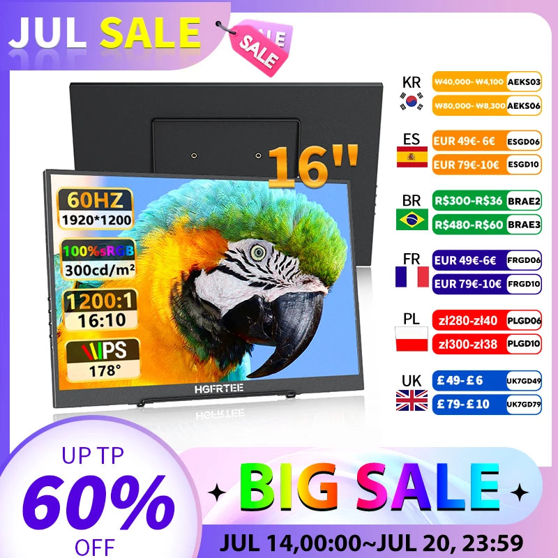 HGFRTEE 16 Inch Portable Monitor &ndash; 100 Percent sRGB FHD Display