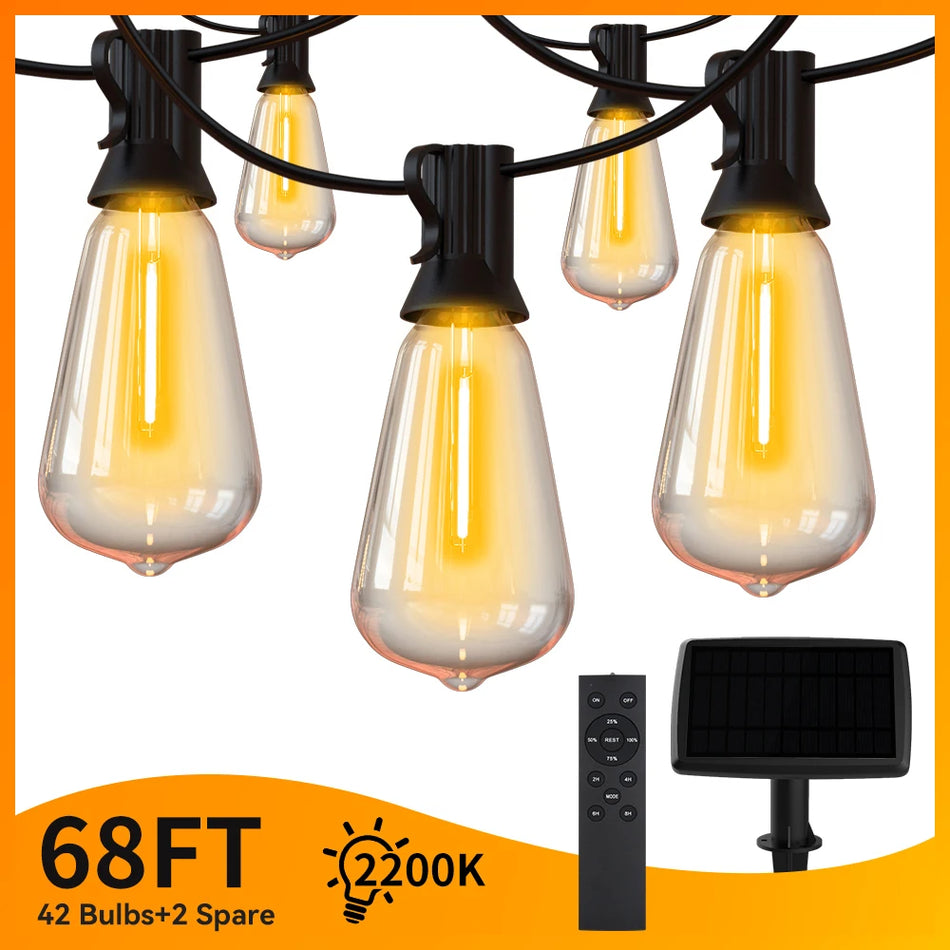 Solar Light String 68ft, 42 Bulbs, 2200K Warm Plastic Decor for Patio Garden Cafe Party