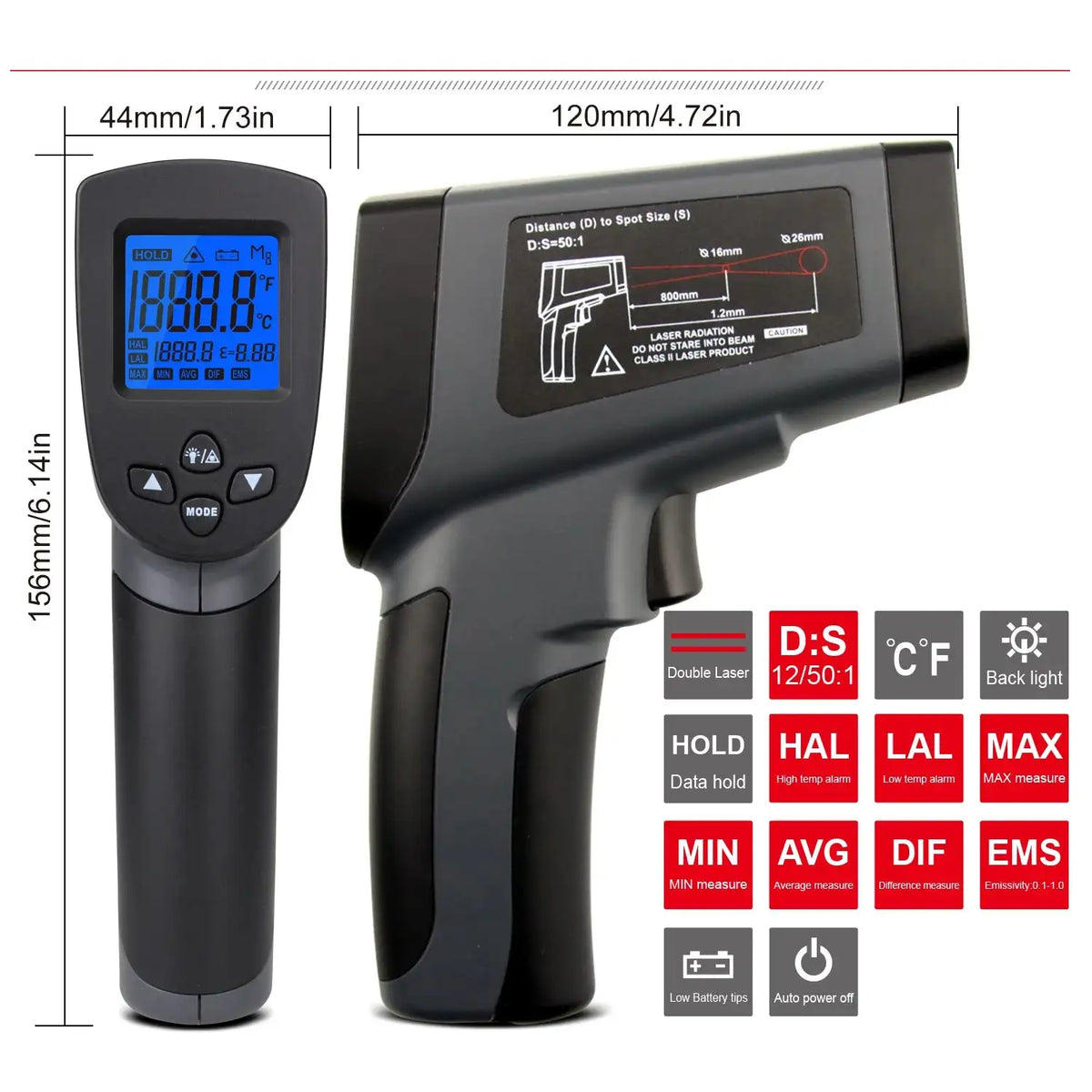 Infrared Thermometer Gun 50 to 1600C LCD Laser Pyrometer
