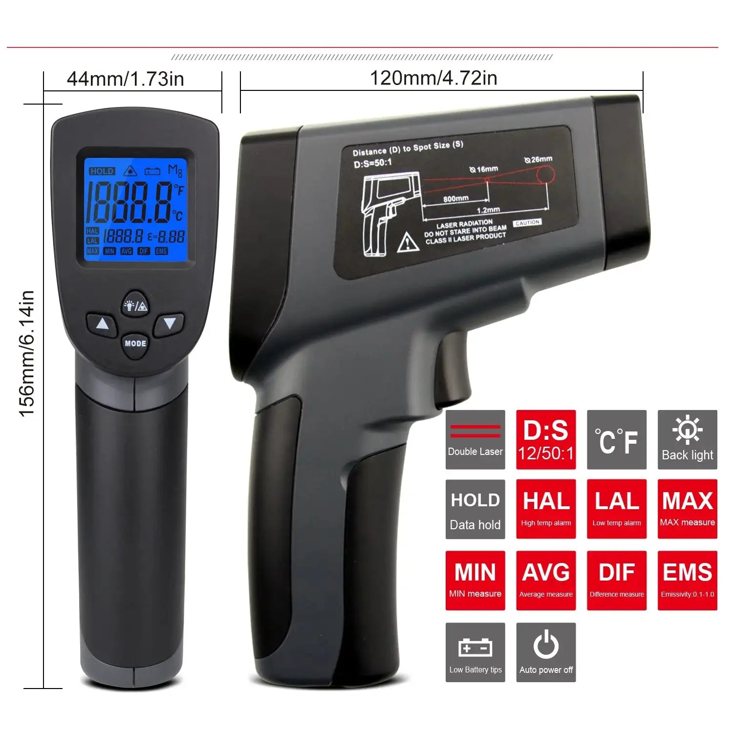 Infrared Thermometer Gun 50 to 1600C LCD Laser Pyrometer