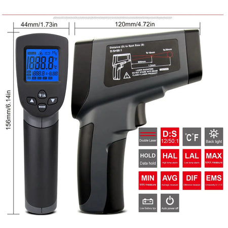 Infrared Thermometer Gun 50 to 1600C LCD Laser Pyrometer