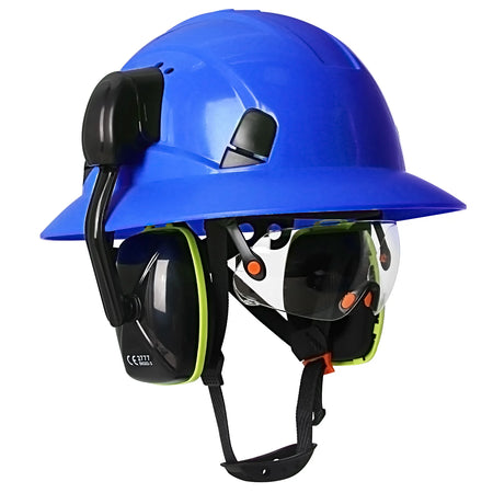 CE Full Brim Safety Helmet With Goggles &ndash; Built In Earmuffs Blue Set