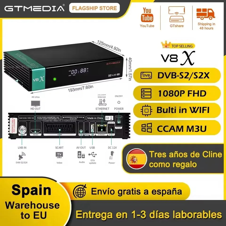 Gtmedia V8X Satellite Receiver With Wifi, DVB-S2/S2x, 1080P HEVC