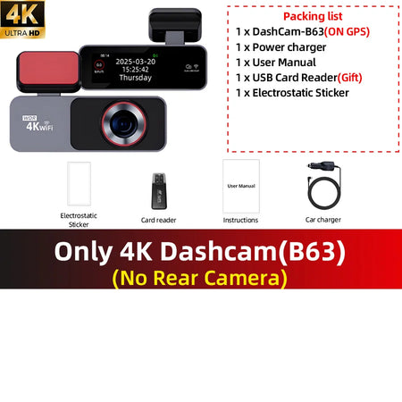 ACCEO B63 4K Dashcam - Night Vision Dual Lens GPS WiFi B63-Only 4K Dvr / 64G