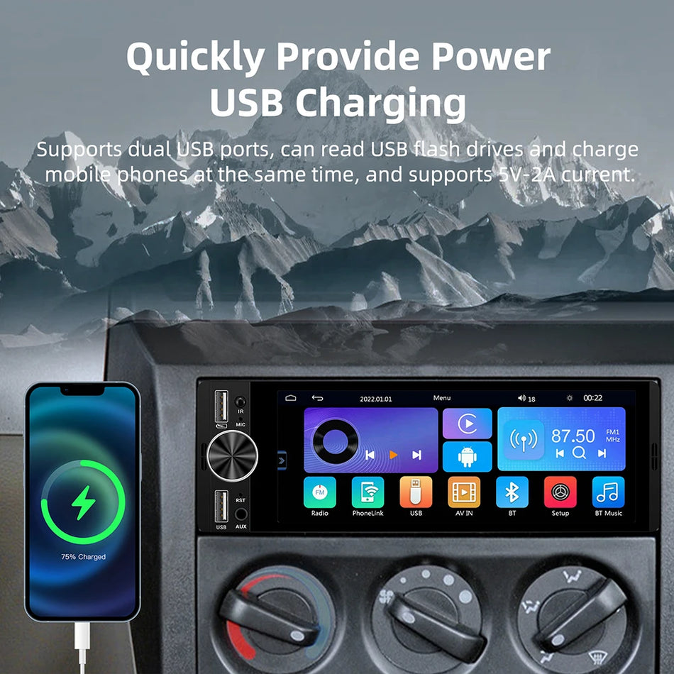 1 Din Bilstereo Med CarPlay, Android Auto, Bluetooth FM, HD Pekskärm MP5