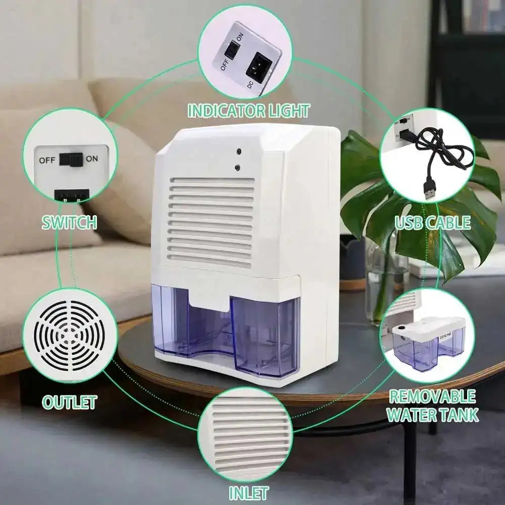 Compact Quiet Portable USB Dehumidifier 800ml Bedroom White