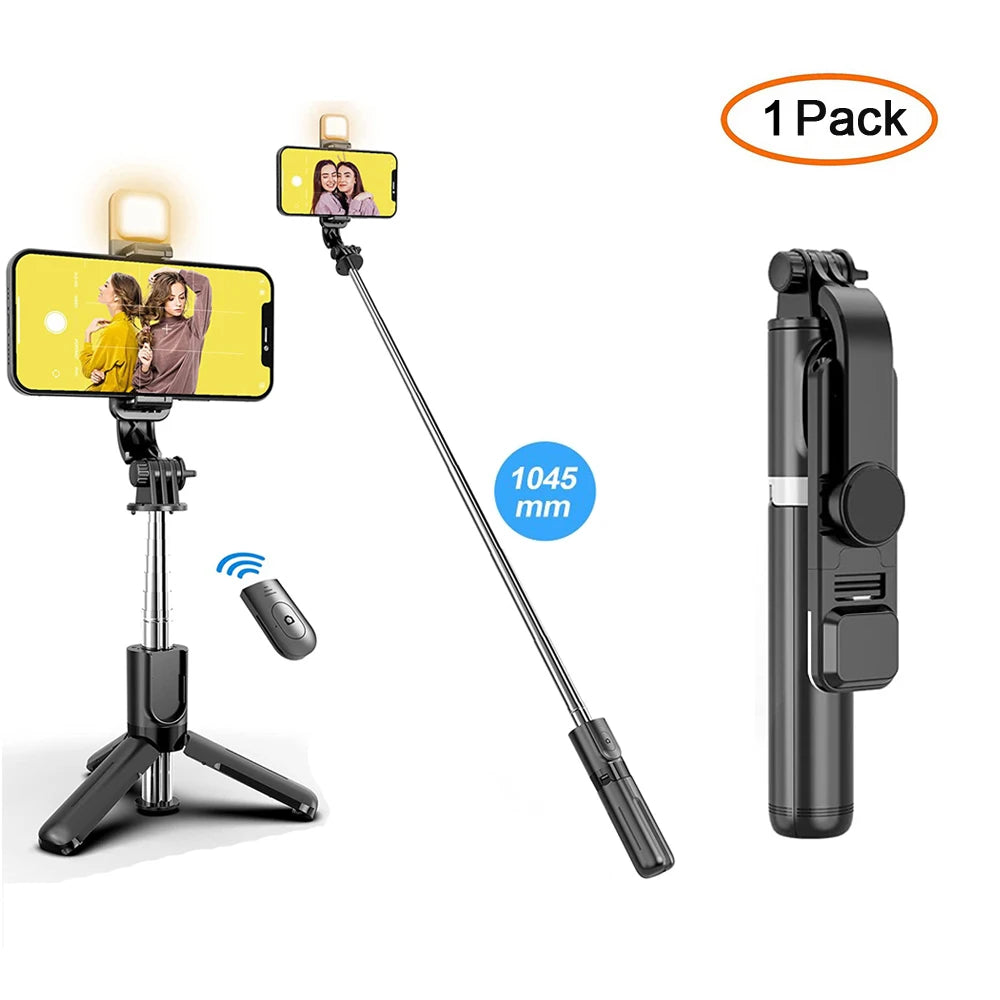 T-WOLF Wireless Bluetooth Selfie Stick Tripod with Fill Light &amp; Remote for Smartphones Q02S Led black