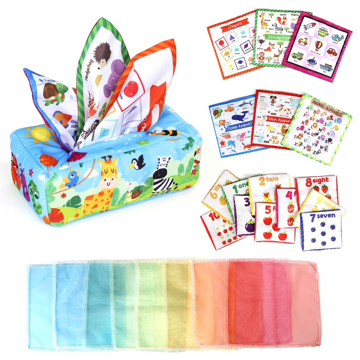 Sensory Montessori Baby Tissue Box Toy 0-18M - Colorful Soft Tissue Pump with Silk Scarves for Toddler Development and Finger Exercise D Forest animals