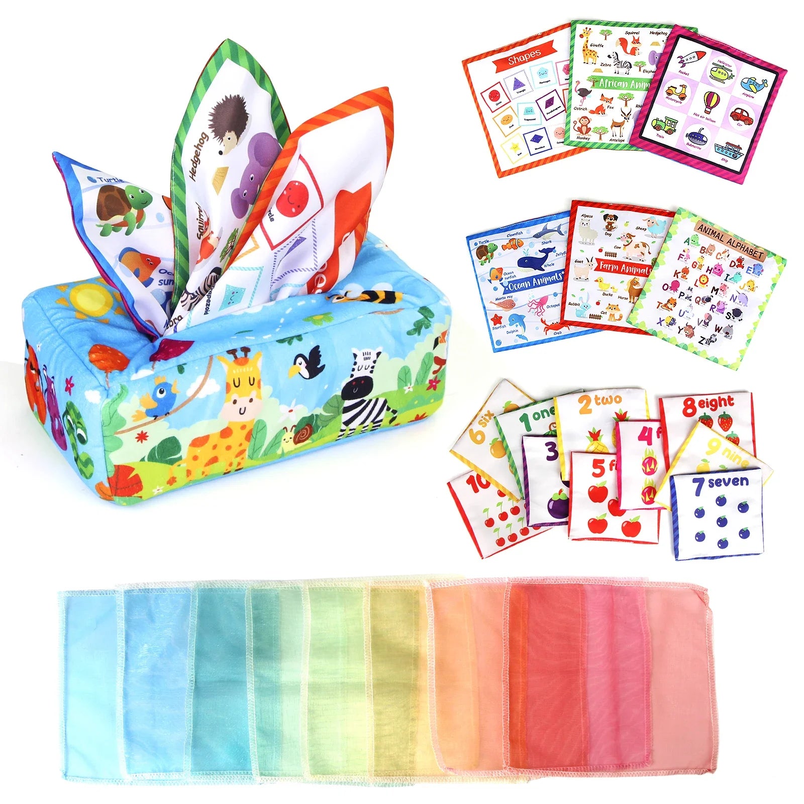 Sensory Montessori Baby Tissue Box Toy 0-18M - Colorful Soft Tissue Pump with Silk Scarves for Toddler Development and Finger Exercise D Forest animals