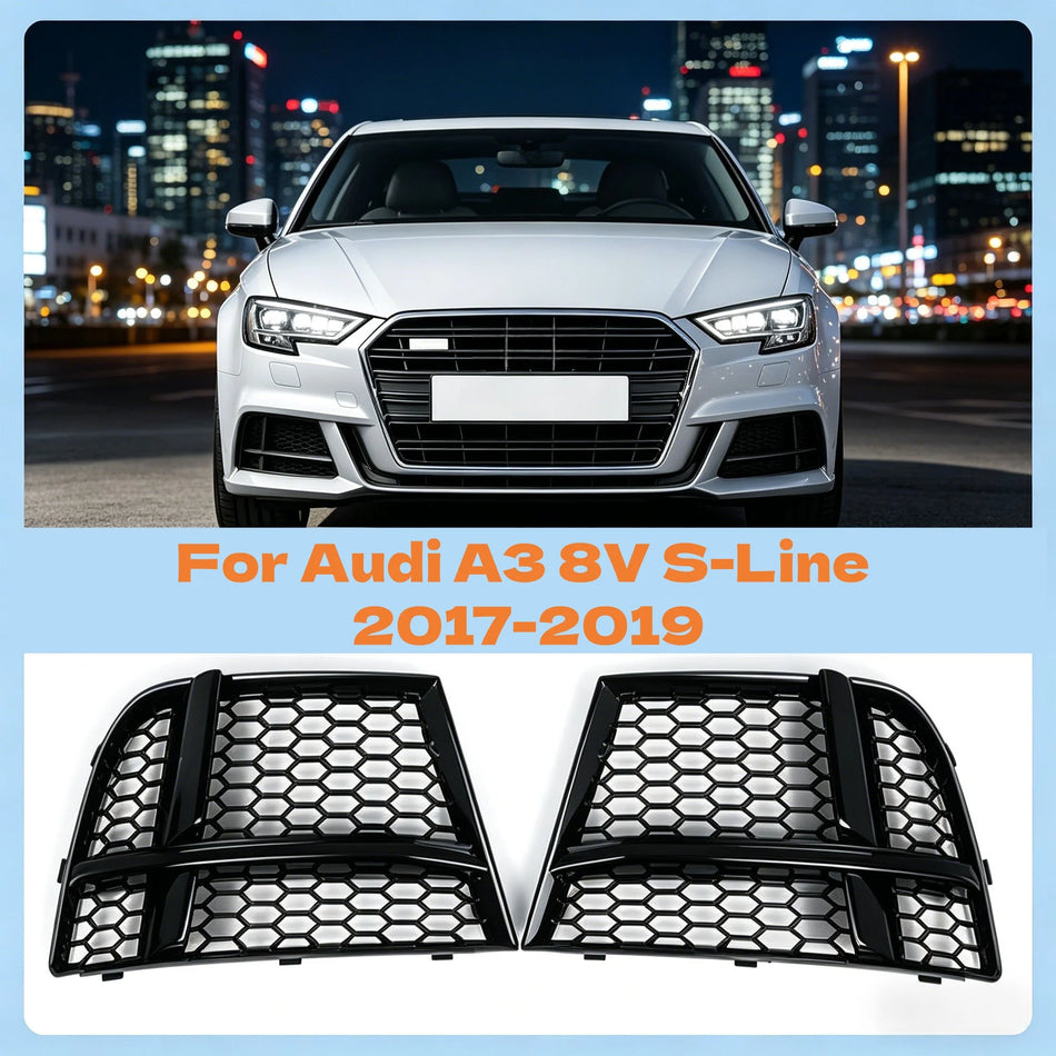 Hunajakennomainen Summa- valon säleikkö Kiiltävän Mustana Audi A3 8V S-Line 2017-2019 Parille Etupuskuri ABS Verkkolisäke 8V3807681AB