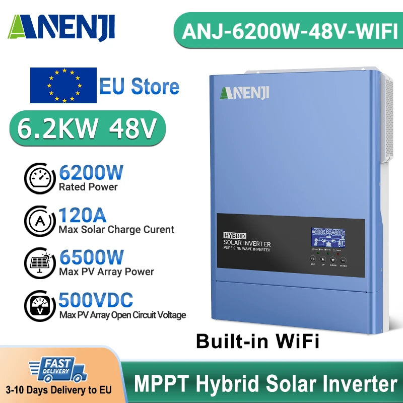 6.2KW 48V Hibrit Güneş İnvertörü MPPT 120A ile, Saf Sinüs Dalga, Dahili WiFi, PV Girişi 60-500VDC