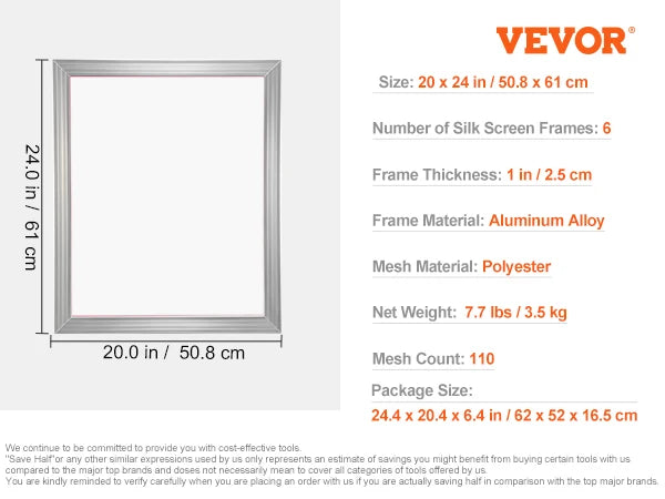 SucceBuy 20x24inch Screen Printing Kit &ndash; High Tension Frame 6 PCS 110 Mesh / spain