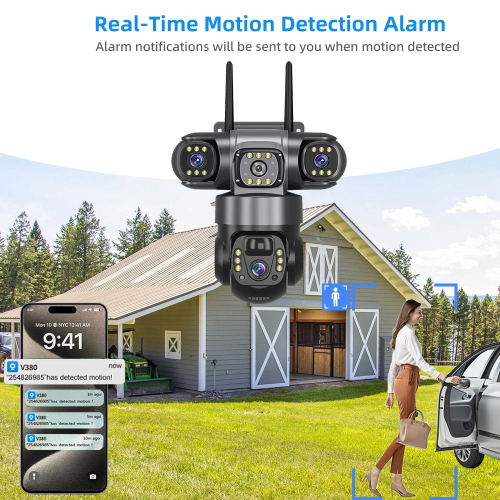 V380 Pro 15MP 6K 10X Zoom Triple Lens 4G Solar Outdoor Three Screen PIR Motion Detection Security CCTV Camera