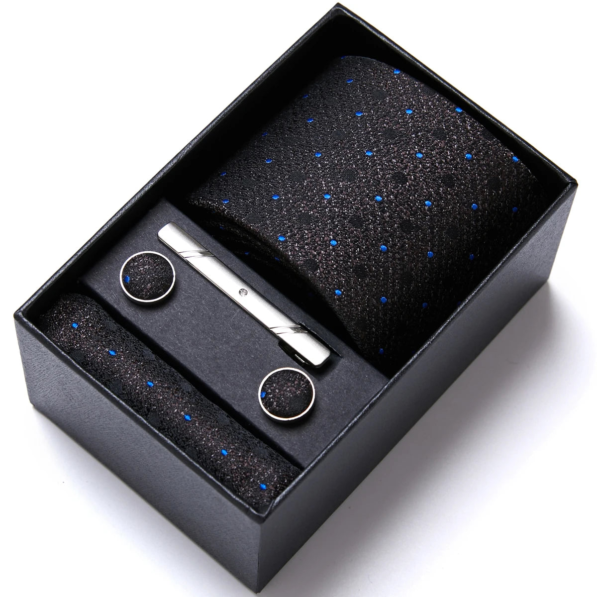 VanGise Blue Striped Necktie Set with Pocket Square and Cufflinks, Perfect for Weddings and Workplace