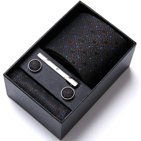 VanGise Blue Striped Necktie Set with Pocket Square and Cufflinks, Perfect for Weddings and Workplace