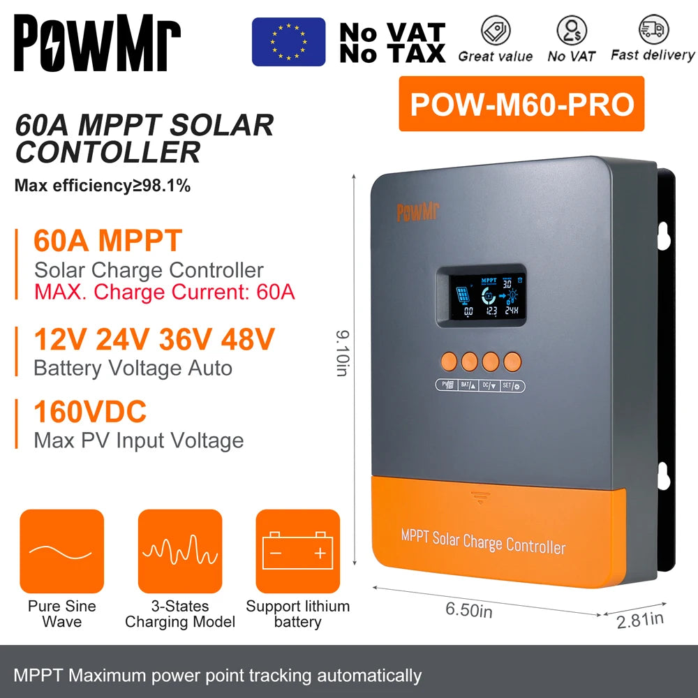PowMr MPPT Solar Charge Controller &ndash; LCD Display, 12V-48V MPPT 60A 1 / france
