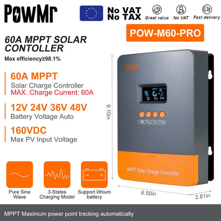 PowMr MPPT Solar Charge Controller &ndash; LCD Display, 12V-48V MPPT 60A 1 / france