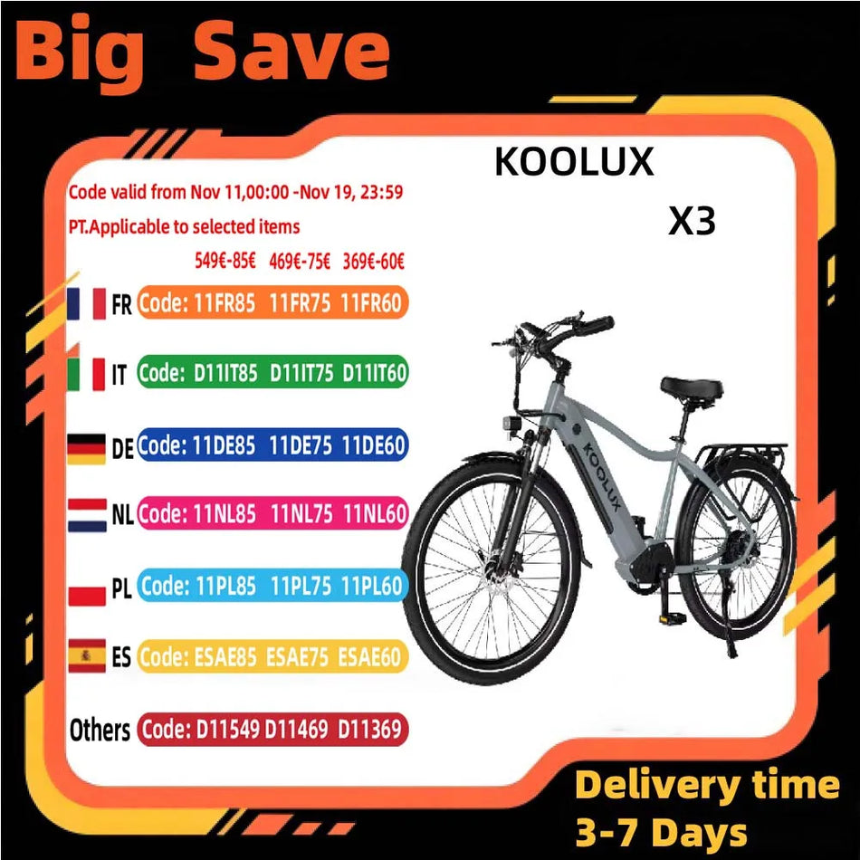 KOOLUX X3 Ηλεκτρικό Ποδήλατο με Σκελετό Αλουμινίου, 500W Κινητήρα, 48V Μπαταρία