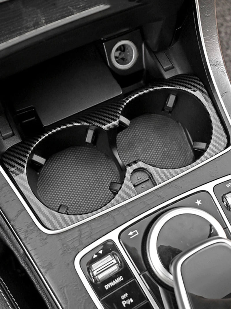 Mercedes Benz C E GLC Class Carbon Fiber Texture Gear Shift Panel &amp; Cup Holder Cover - W205 W213 X253 2016-2021