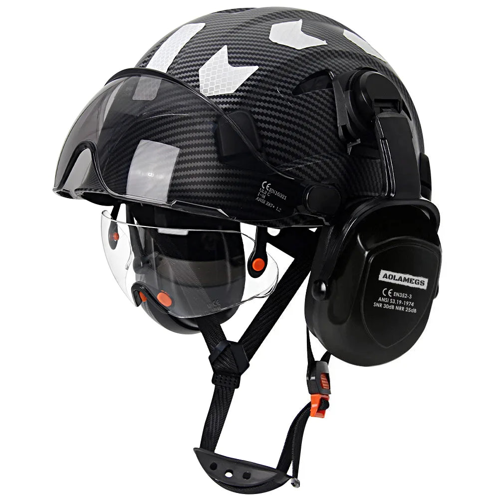 CR08 Construction Helmet - Integrated Goggles And Earmuffs Carbon fiber Set D