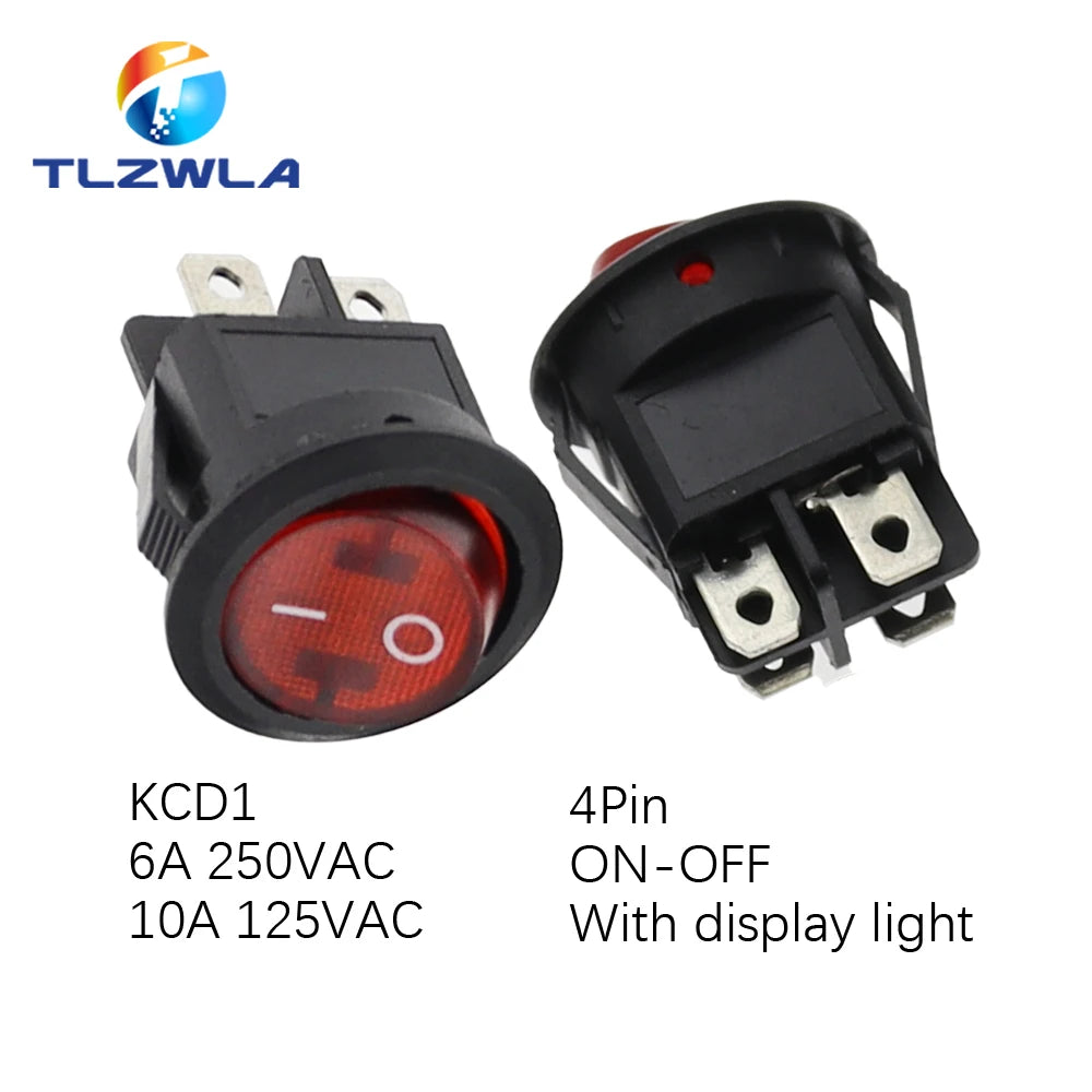 TLZWLA Round Rocker Switch &ndash; LED Illuminated Design for Versatile Usage 4Pin redlight ON-OFF