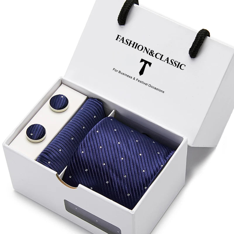 VanGise Blue Dot Tie Set with Pocket Square and Cufflinks for Men SB50