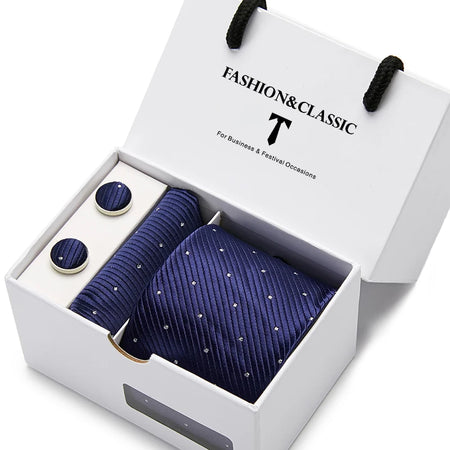 VanGise Blue Dot Tie Set with Pocket Square and Cufflinks for Men SB50