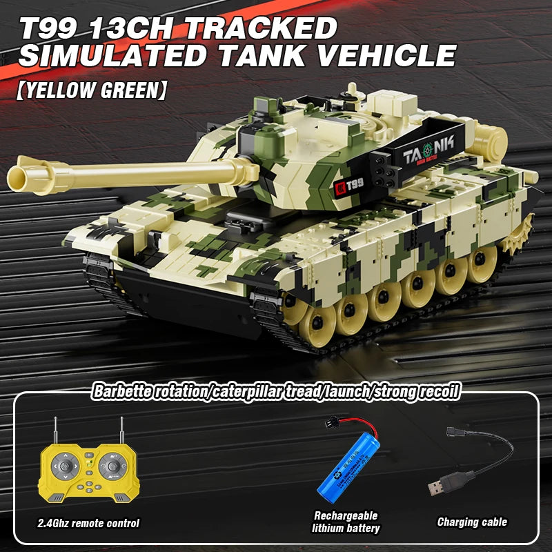 RC Tank 13 Channel &ndash; Shooting Function Battle Ready T99 yellow green