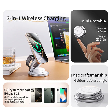 CrownQu 3 In 1 Magnetic Wireless Charger &ndash; Fast Charging With 360 Degree Rotation