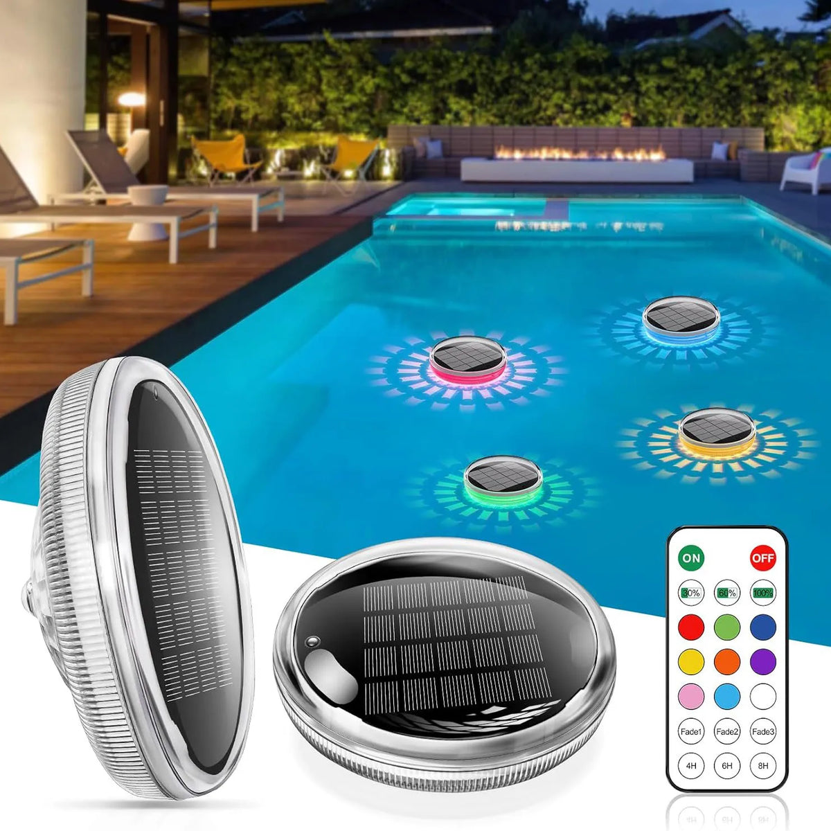 Solar Rechargeable Floating Pool Lights - RGB Changing, Waterproof, Remote Controlled changeable / CHINA / 2 lights 1 remote