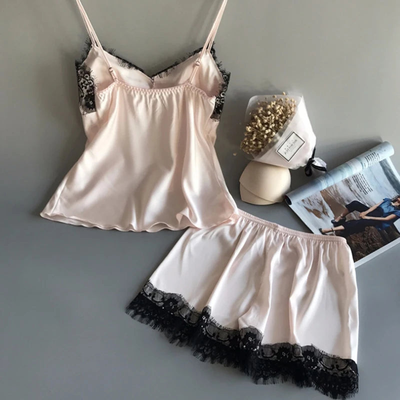 Women's Ice Silk Lace Two Piece Summer Pajama Set