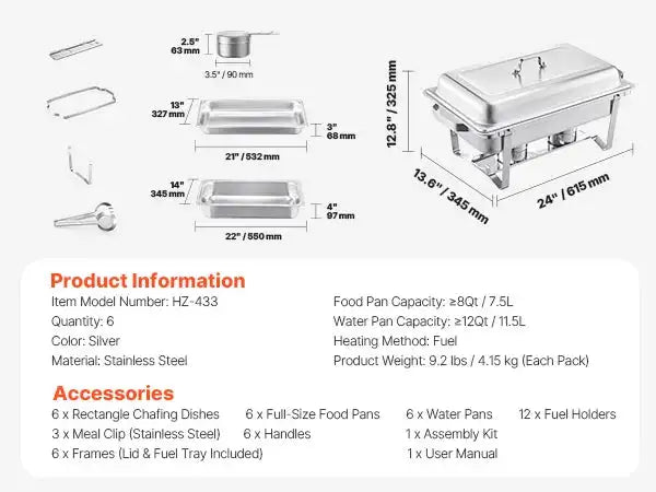 8 Qt Stainless Steel Chafing Dish Buffet Warmer 6 packs / GERMANY