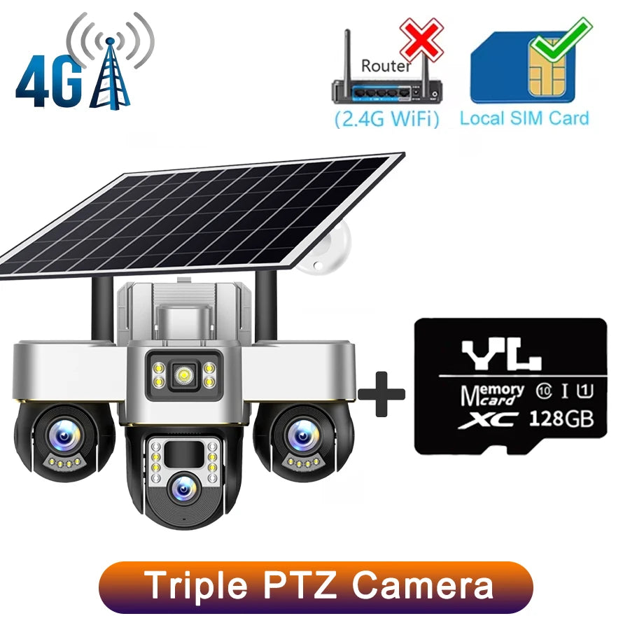 15MP 4G Three PTZ Solar Camera Three screen PIR Human Tracking Security CCTV Surveillance IP Camera PTZ control for all 3 Lens 4G Camera 128G Card