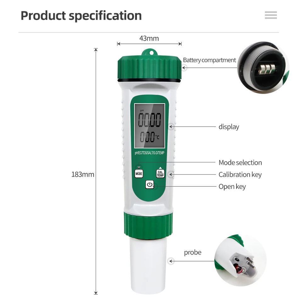 6 In 1 Water Quality Tester &ndash; High Precision PH EC TDS