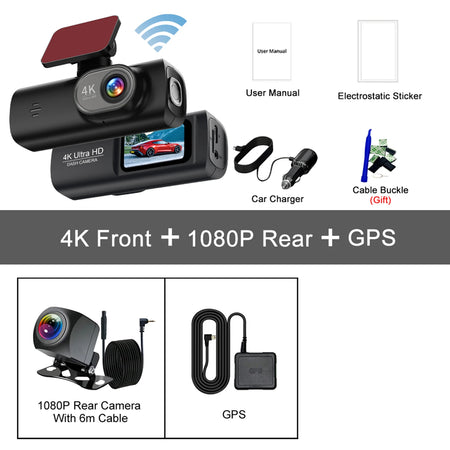 4K WIFI Dash Cam Mini Car DVR &ndash; Dual Lens Front and Rear with Night Vision and GPS 4K-6M 1080P-GPS / 32G
