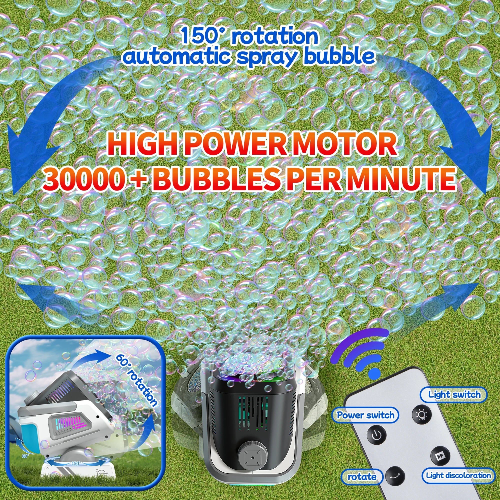 Bubble Machine with Remote Control, Auto Rotation, RGB Light &amp; Rechargeable Battery